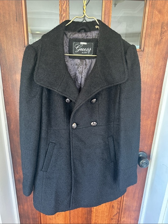 Guess Jackets & Blazers - GUESS Black Boucle Wool Blend Double Breasted Pea Coat with Back Bow Size XL
